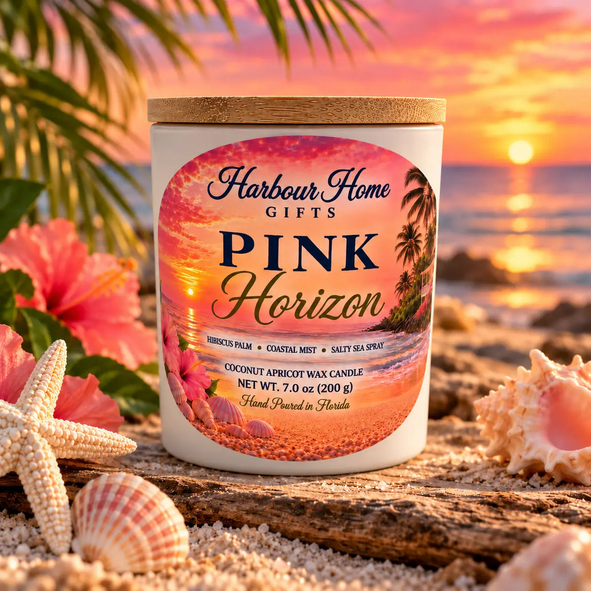 Pink Horizon Candle – Hibiscus Palm & Sea Spray | 7 oz Harbour Home Gifts